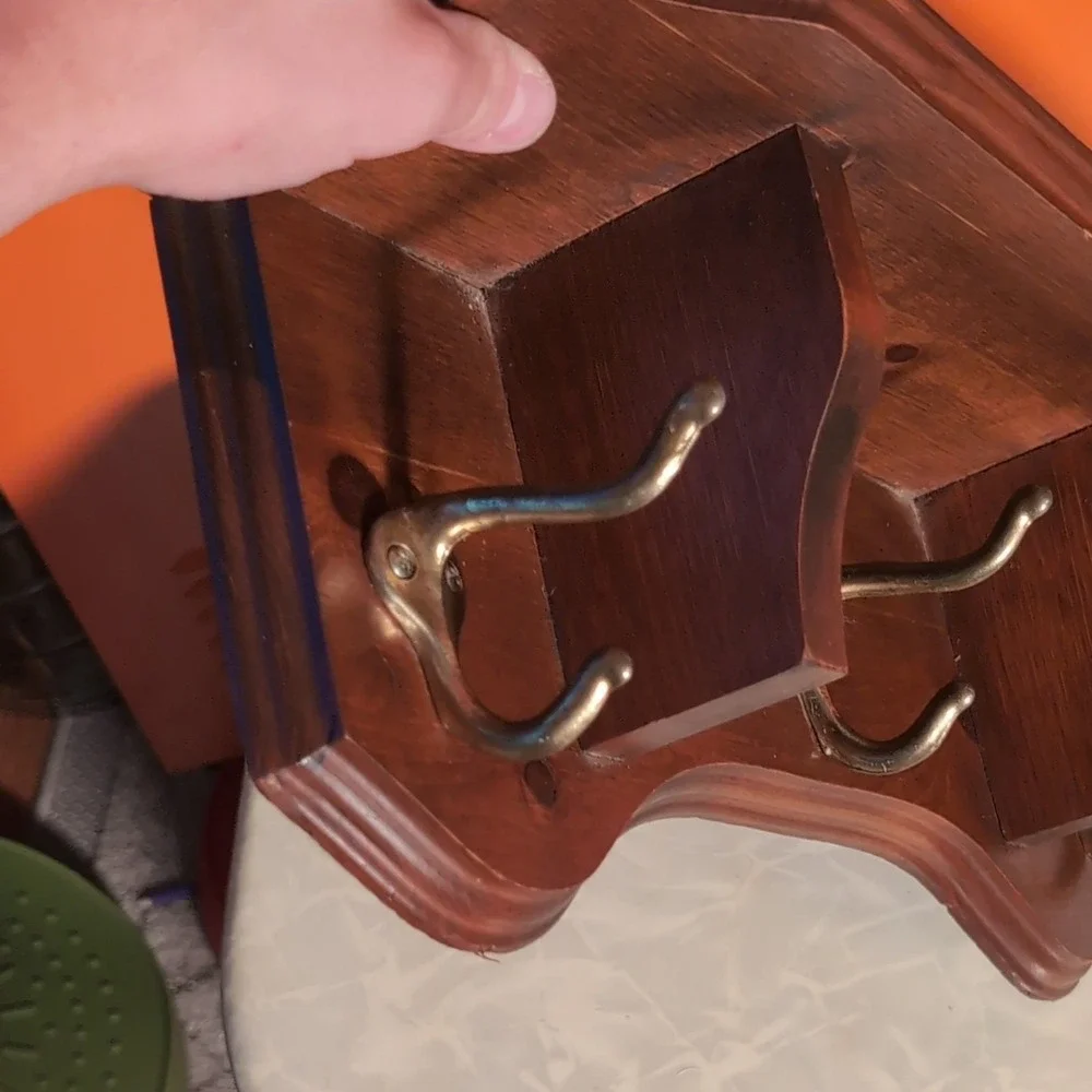 Vintage Wooden Wall Shelf with 3 Hooks Brown Wood Sawtooth Hangers